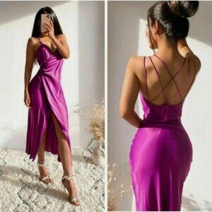 Zara purple Satin effect slip dress sweetheart spaghetti strap faux wrap Sz L